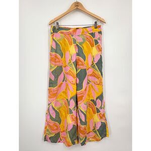 Tahari 100% Linen Boho Tropical Print Cropped Wide Leg Elastic Waist Pants Large